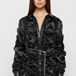 Woman Dresses Ruched Satin Shirt Dress - Black