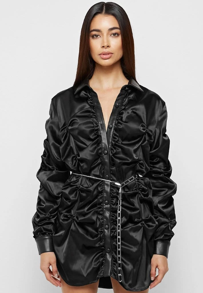 Woman Dresses Ruched Satin Shirt Dress - Black