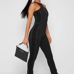 Woman Leggings Ruched Side Flared Leggings - Black