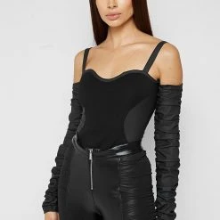 Woman Tops BODYSUITS Tacked Sleeve Bustier Bodysuit - Black