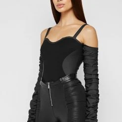 Woman Tops BODYSUITS Tacked Sleeve Bustier Bodysuit - Black