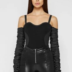 Woman Tops BODYSUITS Tacked Sleeve Bustier Bodysuit - Black