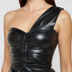 Woman Tops BODYSUITS Ruched Vegan Leather Bodysuit - Black