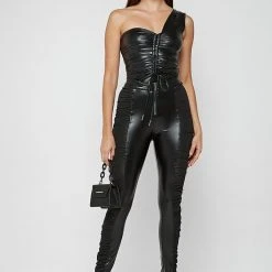 Woman Tops BODYSUITS Ruched Vegan Leather Bodysuit - Black