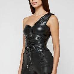 Woman Tops BODYSUITS Ruched Vegan Leather Bodysuit - Black