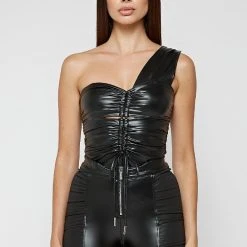 Woman Tops BODYSUITS Ruched Vegan Leather Bodysuit - Black