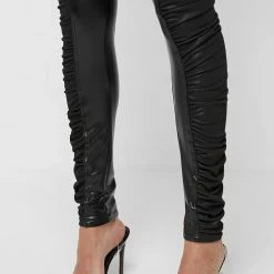 Woman Leggings Ruched Vegan Leather Leggings - Black