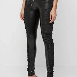 Woman Leggings Ruched Vegan Leather Leggings - Black