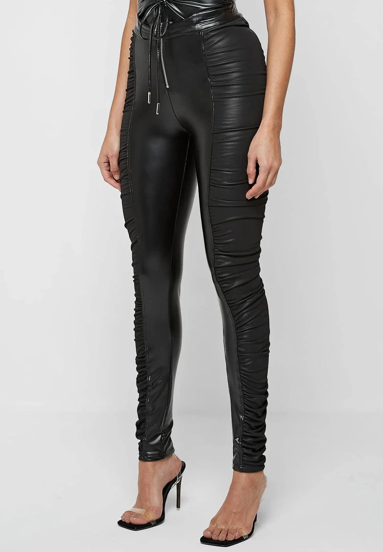 Woman Leggings Ruched Vegan Leather Leggings - Black