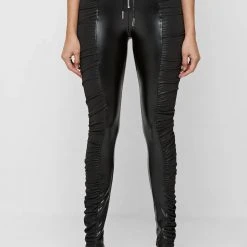Woman Leggings Ruched Vegan Leather Leggings - Black