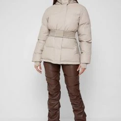 Woman Coats Matte & High Shine Belted Puffer Jacket - Beige