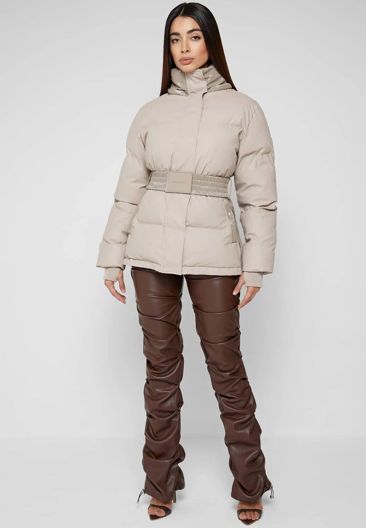 Woman Coats Matte & High Shine Belted Puffer Jacket - Beige