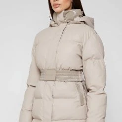 Woman Coats Matte & High Shine Belted Puffer Jacket - Beige