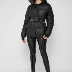 Woman Coats OUTERWEAR Matte & High Shine Belted Puffer Jacket - Black