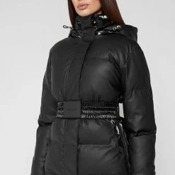 Woman Coats OUTERWEAR Matte & High Shine Belted Puffer Jacket - Black