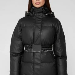 Woman Coats OUTERWEAR Matte & High Shine Belted Puffer Jacket - Black