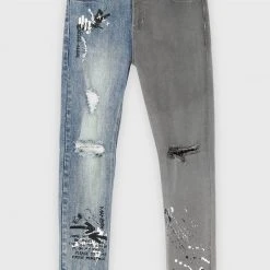 Man Denim Split Graffiti Jeans - Blue