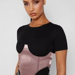 Woman Tops BODYSUITS Satin Corset Bodysuit - Black/Mink