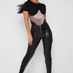 Woman Tops BODYSUITS Satin Corset Bodysuit - Black/Mink