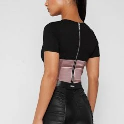 Woman Tops BODYSUITS Satin Corset Bodysuit - Black/Mink