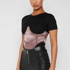 Woman Tops BODYSUITS Satin Corset Bodysuit - Black/Mink