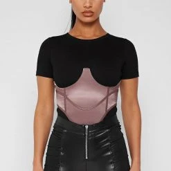 Woman Tops BODYSUITS Satin Corset Bodysuit - Black/Mink