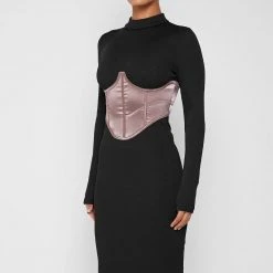 Woman Dresses Satin Corset Ribbed Midi Dress - Black/Mink