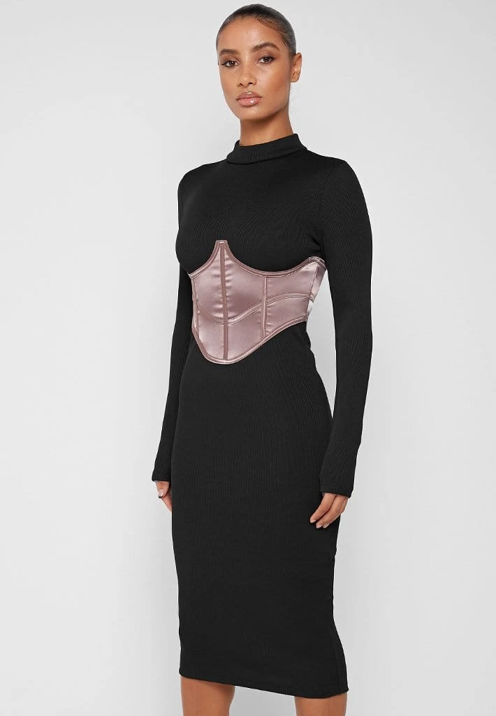 Woman Dresses Satin Corset Ribbed Midi Dress - Black/Mink