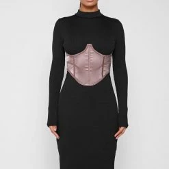 Woman Dresses Satin Corset Ribbed Midi Dress - Black/Mink