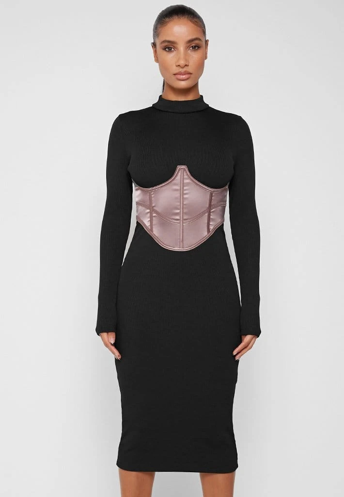 Woman Dresses Satin Corset Ribbed Midi Dress - Black/Mink