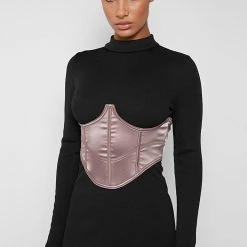 Woman Dresses Satin Corset Ribbed Midi Dress - Black/Mink