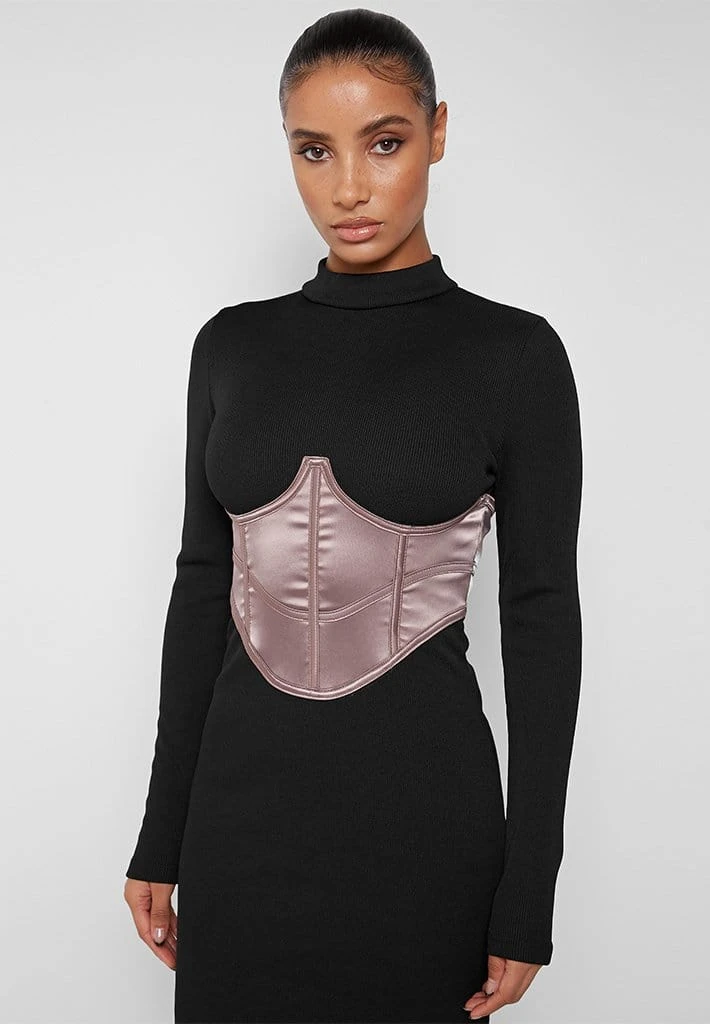 Woman Dresses Satin Corset Ribbed Midi Dress - Black/Mink