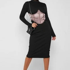 Woman Dresses Satin Corset Ribbed Midi Dress - Black/Mink
