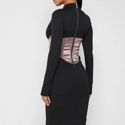 Woman Dresses Satin Corset Ribbed Midi Dress - Black/Mink