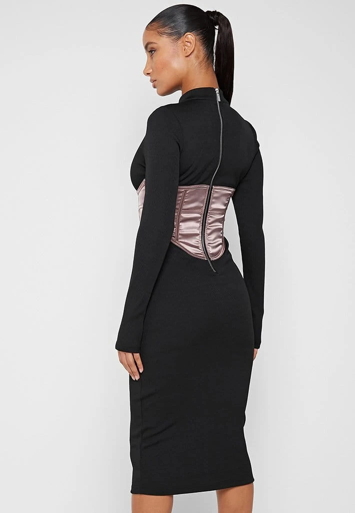 Woman Dresses Satin Corset Ribbed Midi Dress - Black/Mink