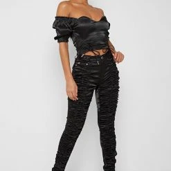 Woman Trousers Satin Ruched Trousers - Black