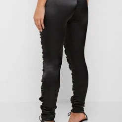 Woman Trousers Satin Ruched Trousers - Black