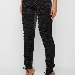 Woman Trousers Satin Ruched Trousers - Black