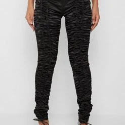 Woman Trousers Satin Ruched Trousers - Black