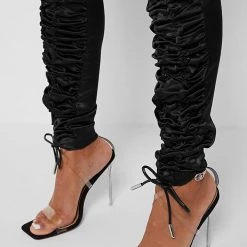 Woman Trousers Satin Ruched Trousers - Black