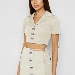 Woman Tops TOPS & T SHIRTS Short Sleeve Vegan Leather Shirt - Beige