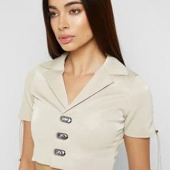 Woman Tops TOPS & T SHIRTS Short Sleeve Vegan Leather Shirt - Beige