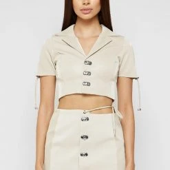 Woman Tops TOPS & T SHIRTS Short Sleeve Vegan Leather Shirt - Beige