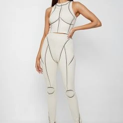 Woman Leggings Sketch High Waisted Bandage Leggings - Beige