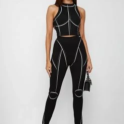 Woman Leggings Sketch High Waisted Bandage Leggings - Black