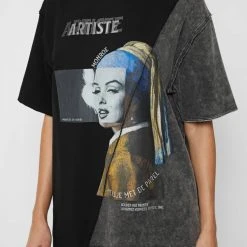 Woman Tops Split Graphic T Shirt - Washed Black