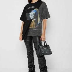 Woman Tops Split Graphic T Shirt - Washed Black