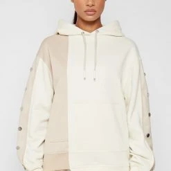 Woman Tracksuits Split Hem Hoodie With Poppers - Beige