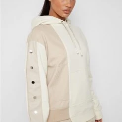 Woman Tracksuits Split Hem Hoodie With Poppers - Beige