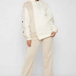 Woman Tracksuits Split Hem Hoodie With Poppers - Beige
